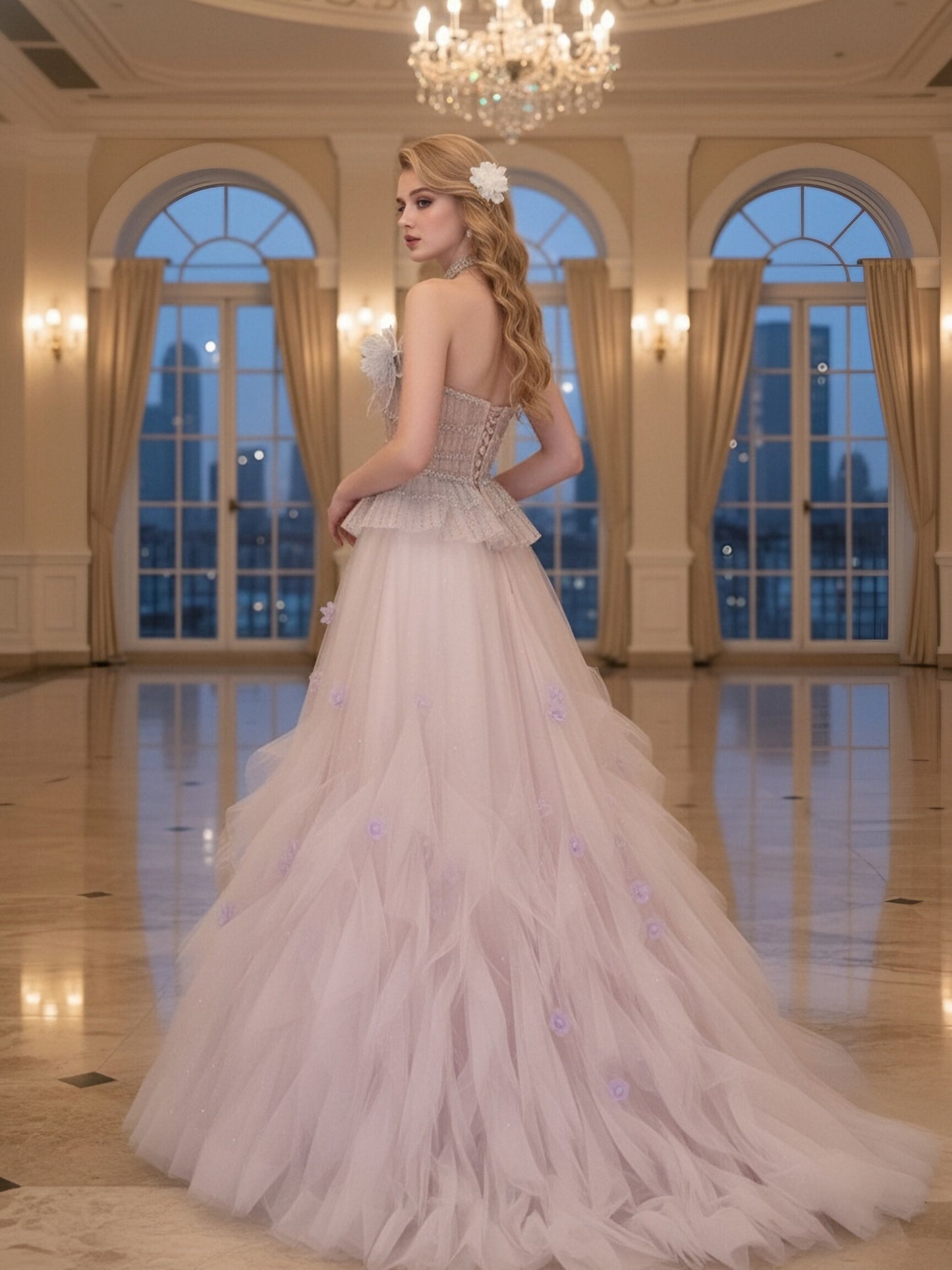 Beaded Peplum Strapless Tulle Stage Gown