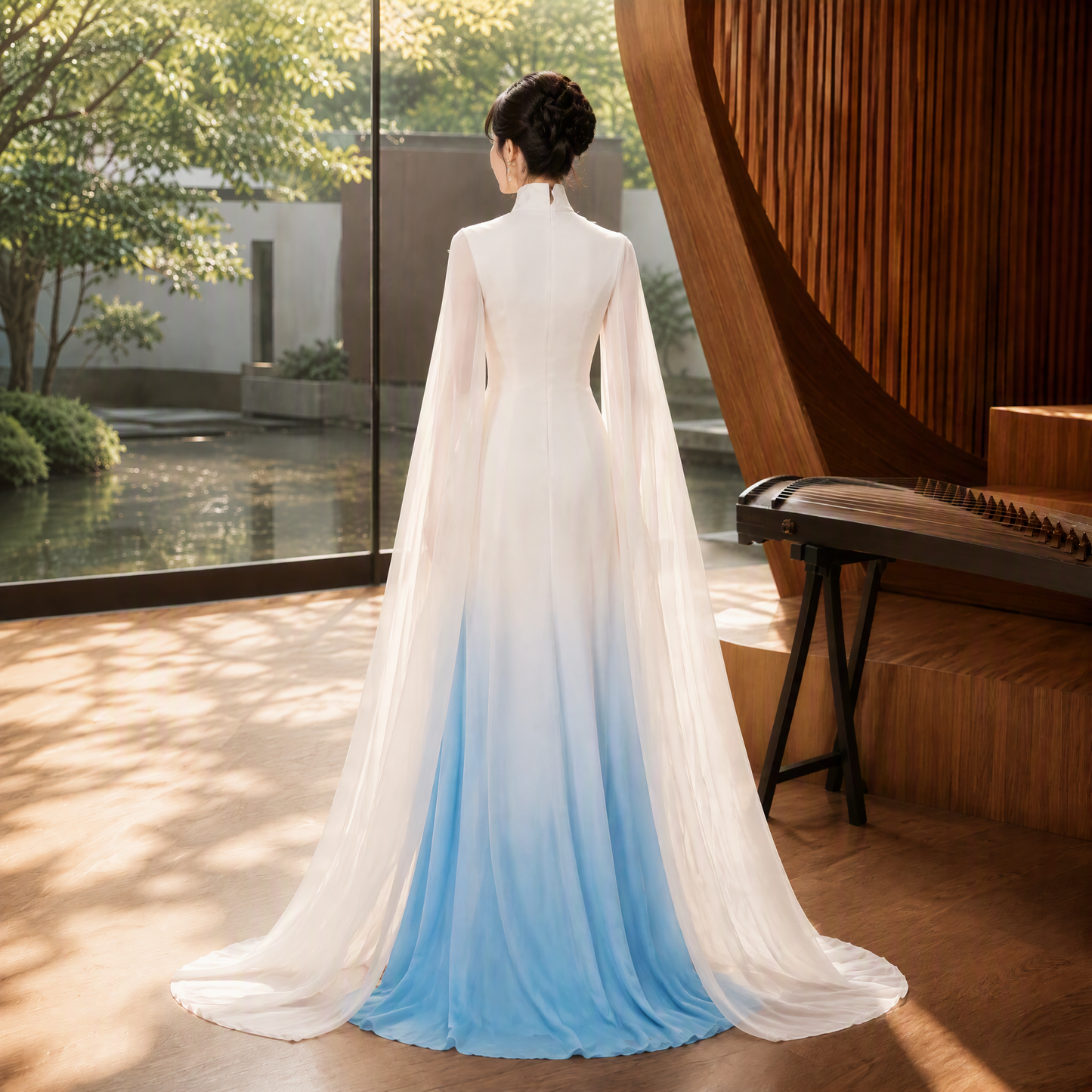 White and Blue Mandarin Collar Floral Embroidered Long Stagewear with Cape