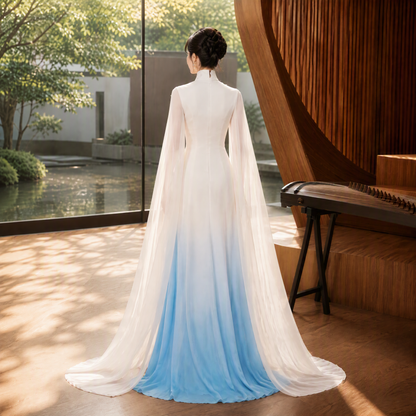 White and Blue Mandarin Collar Floral Embroidered Long Stagewear with Cape