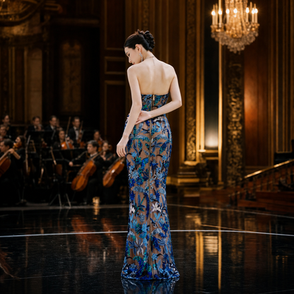 Exquisite Blue Floral Sequin Strapless Mermaid Long Evening Gown