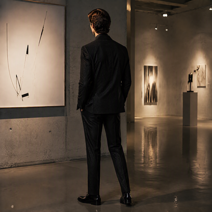 Avant-Garde Asymmetric Black Tuxedo Jacket with Subtle Shimmer and Metal Buckle Accent