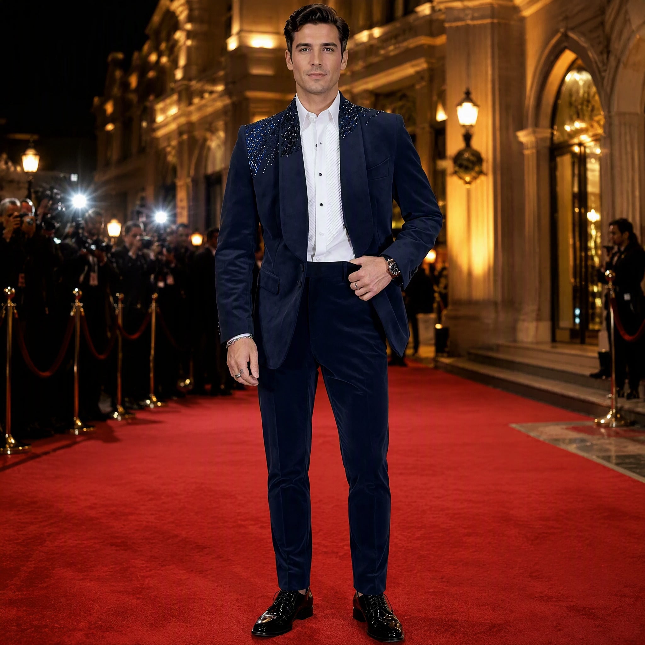 Deep Navy Blue Shawl Lapel Tuxedo Blazer with Shimmering Crystal and Beadwork Gradient