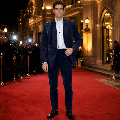 Deep Navy Blue Shawl Lapel Tuxedo Blazer with Shimmering Crystal and Beadwork Gradient