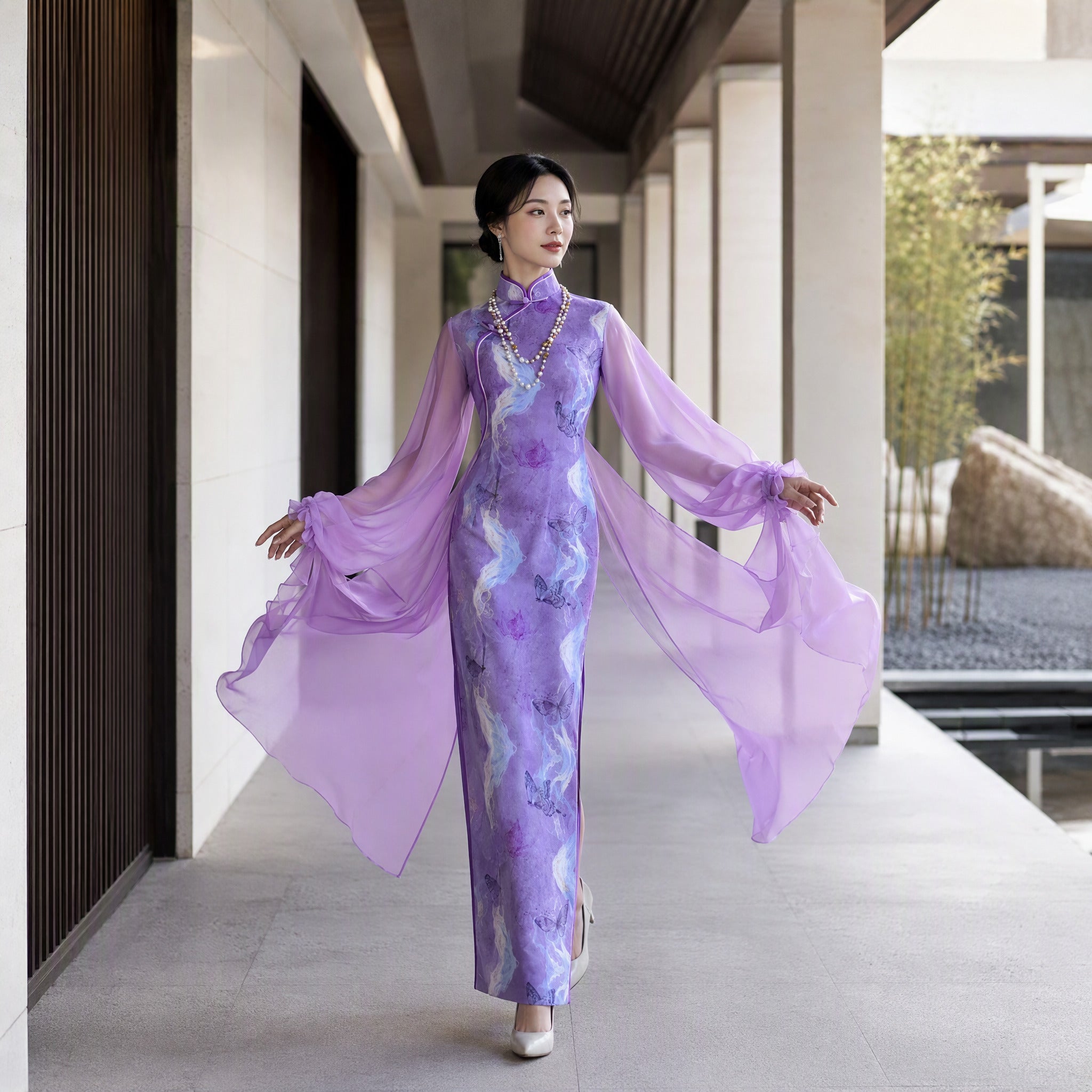 Enchanting Violet Butterfly Print Cheongsam with Flowing Chiffon Sleeves