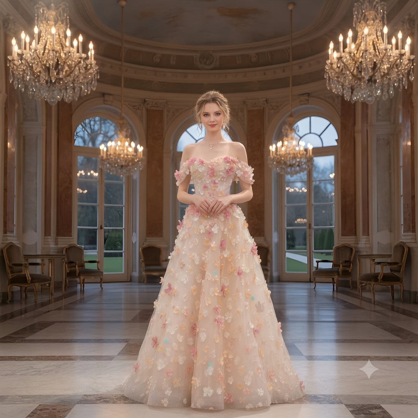 Featured 3D Floral Applique Off-Shoulder Gown