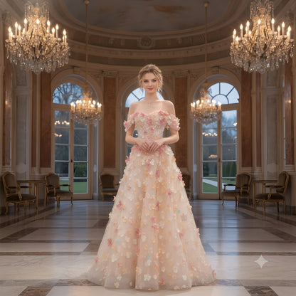 Featured 3D Floral Applique Off-Shoulder Gown