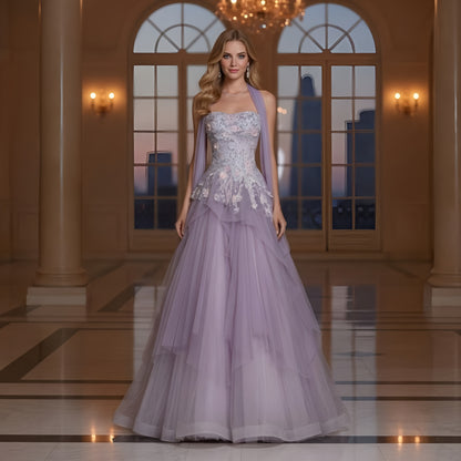 Featured Floral Embroidered Sash Lavender Gown