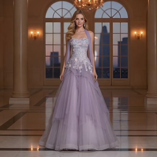 Featured Floral Embroidered Sash Lavender Gown