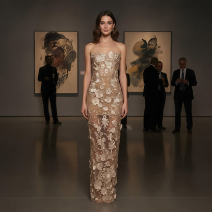 French Luxury 3D Floral Strapless Gown