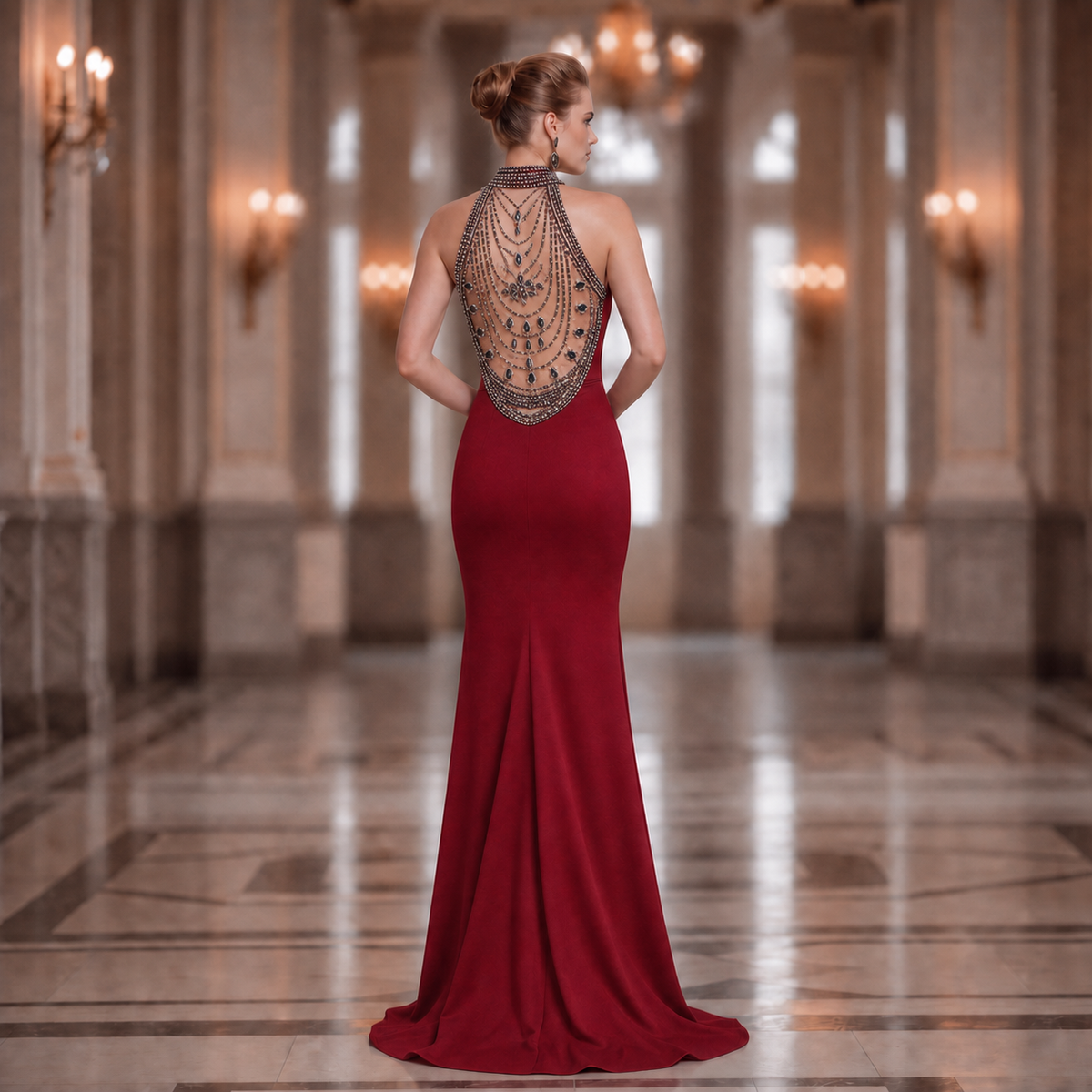 Crystal Chain Backless Mermaid Prom Gown