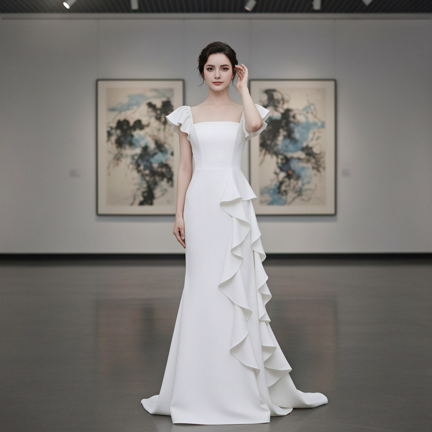 Cascading Ruffle Square Neck Mermaid Gown