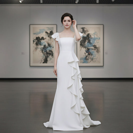 Cascading Ruffle Square Neck Mermaid Gown