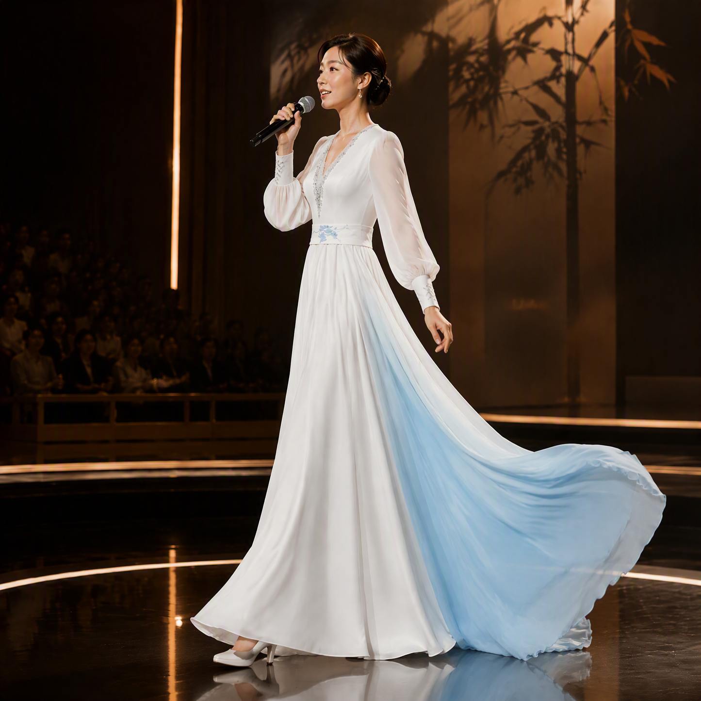 White and Blue Ombré V-Neck Long Sleeve Evening Gown with Beaded Bodice