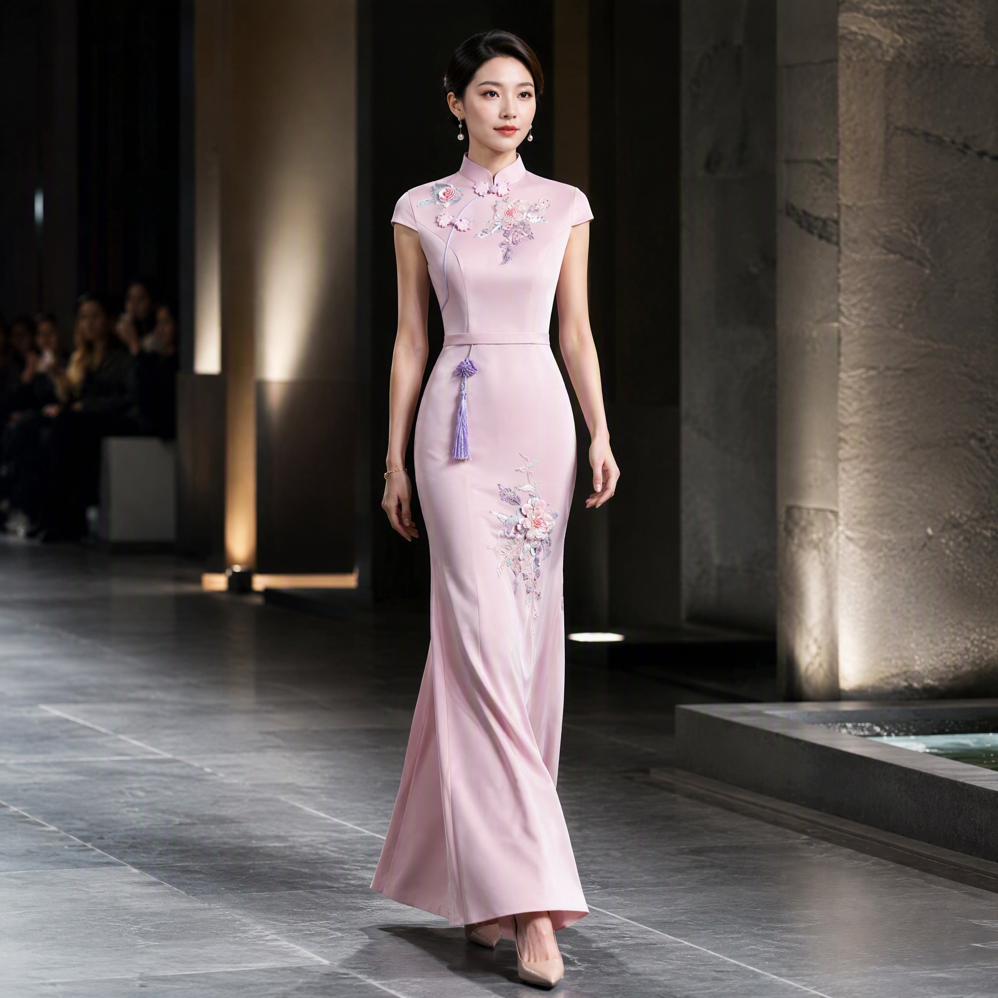 Blush Pink Mermaid Cheongsam with Floral Embroidery and Tassel Detail