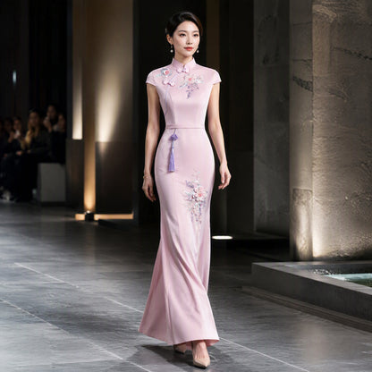 Blush Pink Mermaid Cheongsam with Floral Embroidery and Tassel Detail