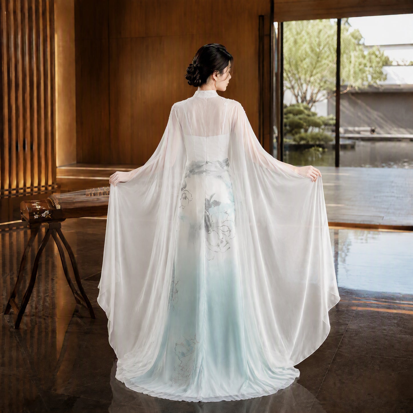 White and Ice Blue Mandarin Collar Embroidered Long Evening Gown with Cape