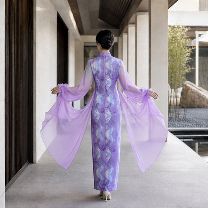 Enchanting Violet Butterfly Print Cheongsam with Flowing Chiffon Sleeves