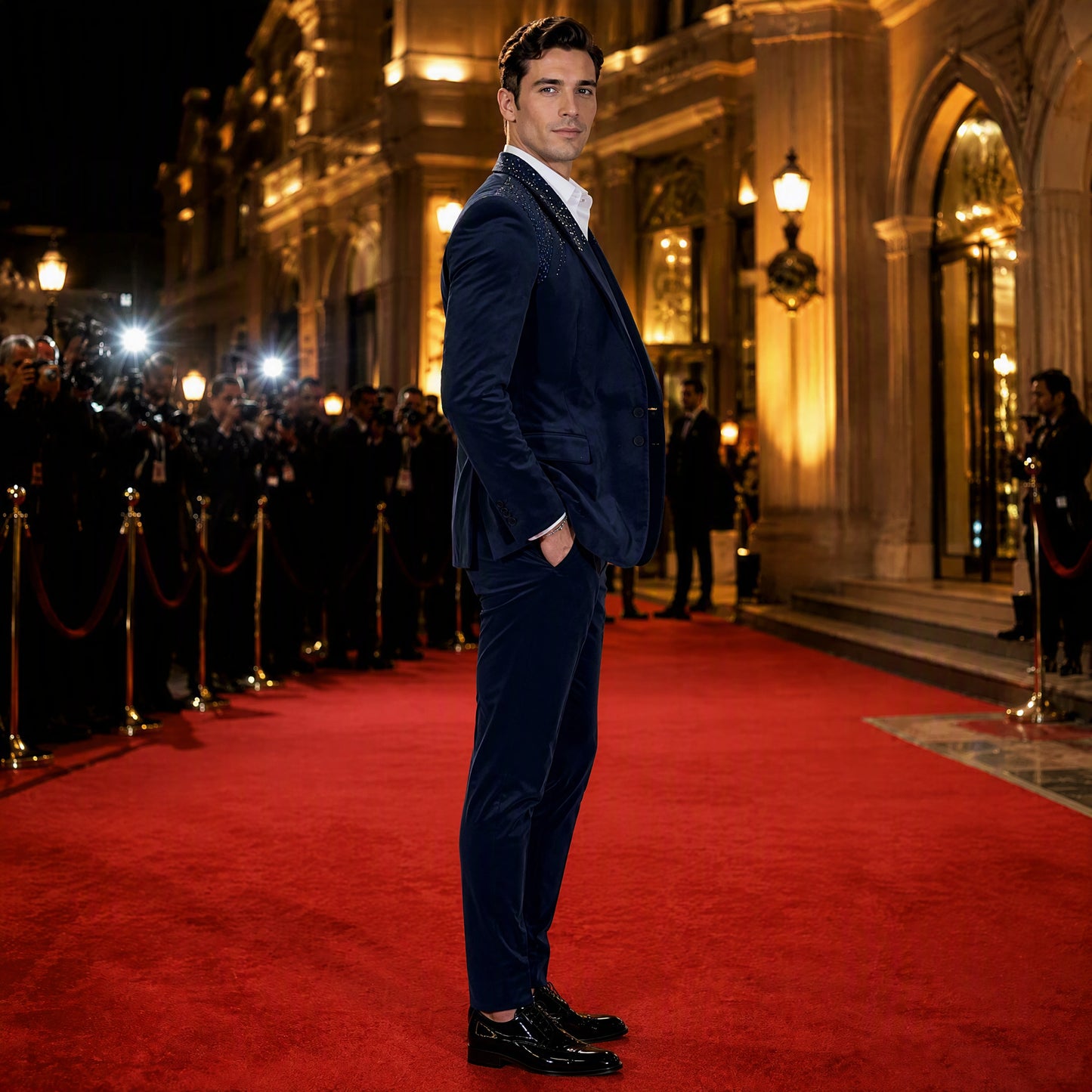 Deep Navy Blue Shawl Lapel Tuxedo Blazer with Shimmering Crystal and Beadwork Gradient