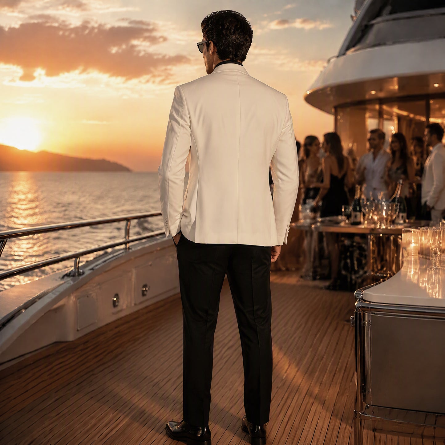 White Peak Lapel Tuxedo Blazer with Intricate Crystal and Silver Beadwork