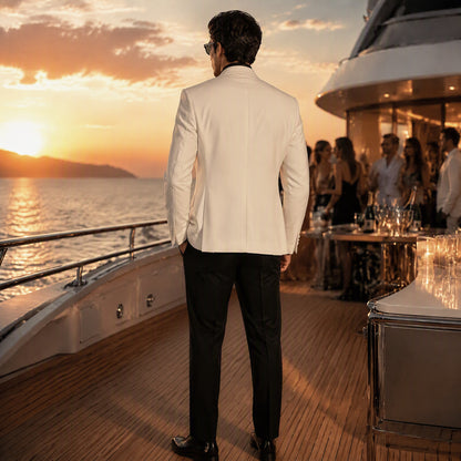White Peak Lapel Tuxedo Blazer with Intricate Crystal and Silver Beadwork