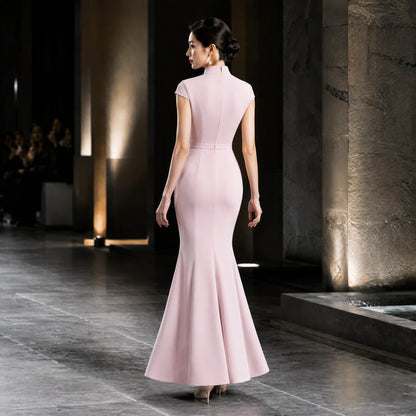 Blush Pink Mermaid Cheongsam with Floral Embroidery and Tassel Detail