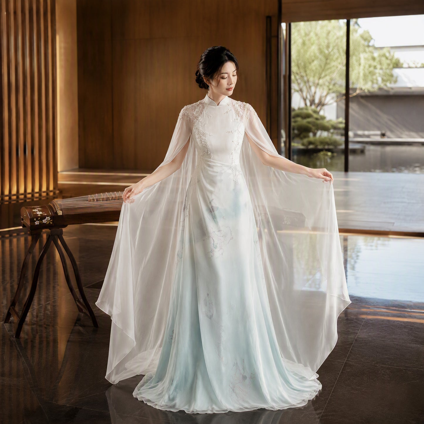 White and Ice Blue Mandarin Collar Embroidered Long Evening Gown with Cape