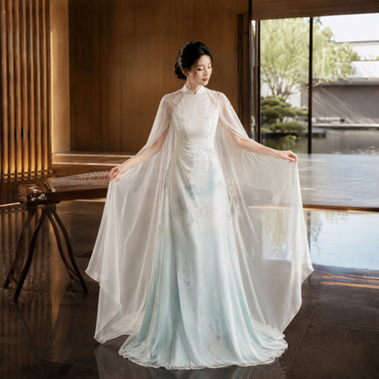 White and Ice Blue Mandarin Collar Embroidered Long Evening Gown with Cape