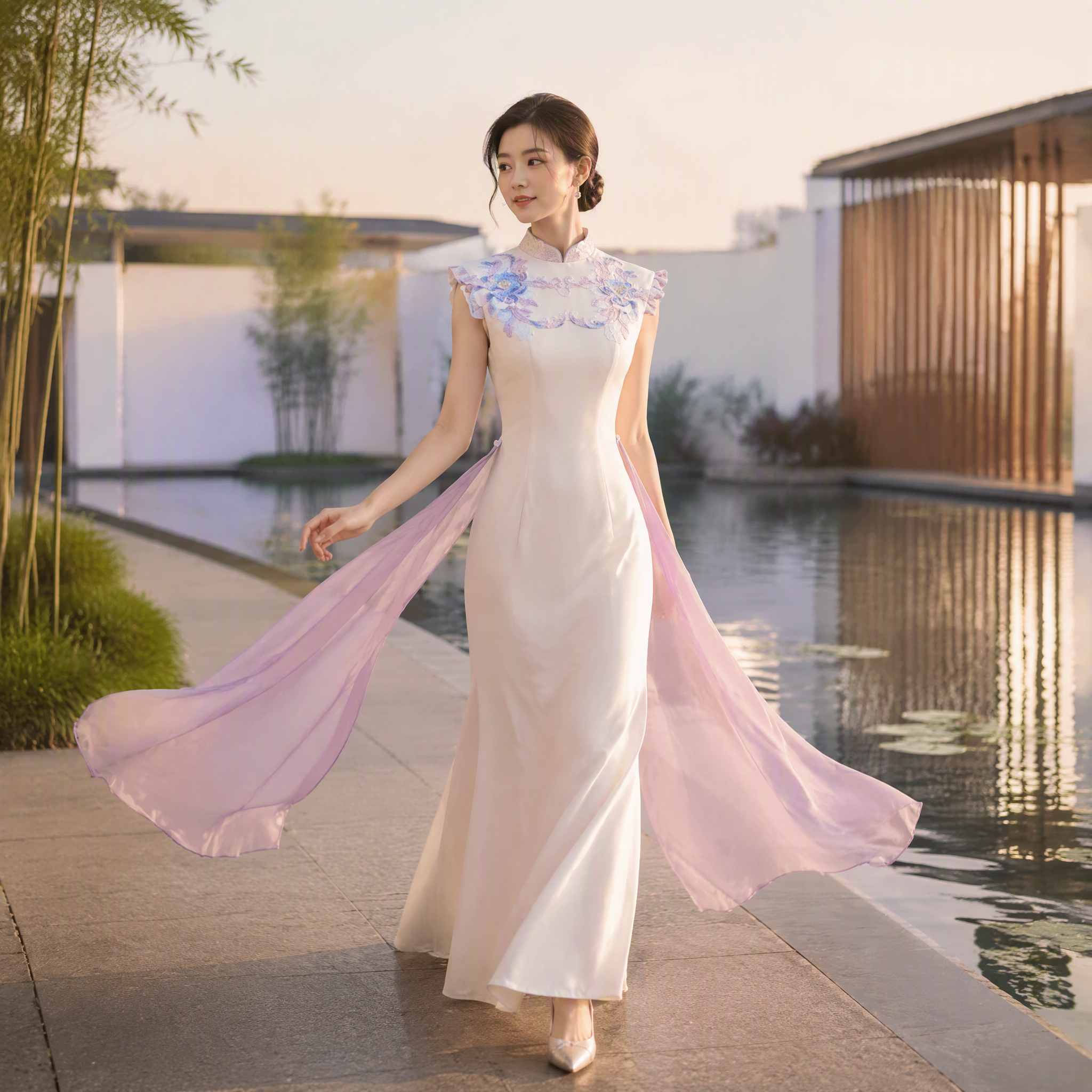 Embroidered Sash Draped Mandarin Cheongsam