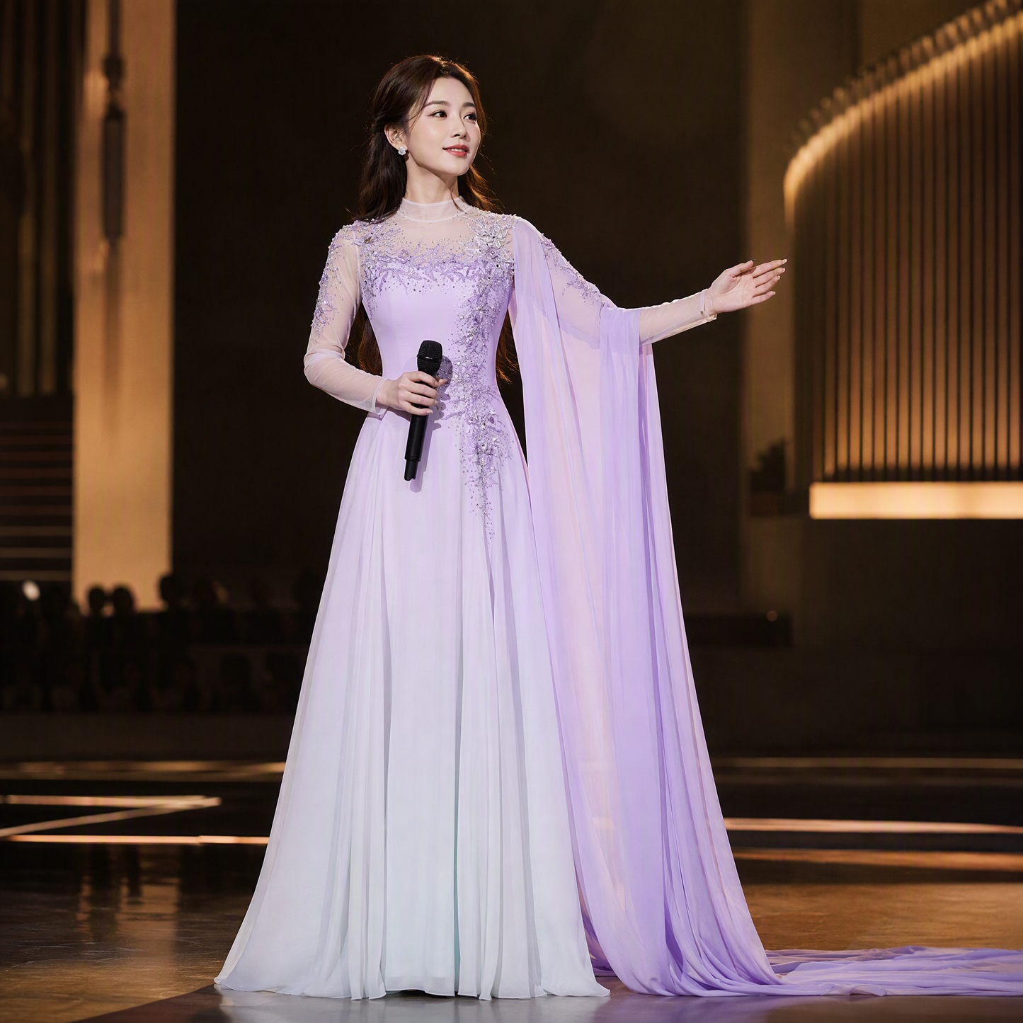 Ethereal Lavender Ombré Evening Gown with Cape-Style Sleeves