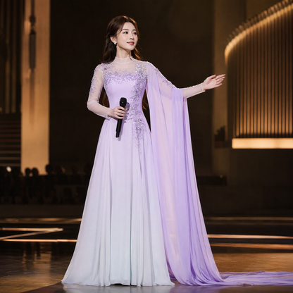 Ethereal Lavender Ombré Evening Gown with Cape-Style Sleeves