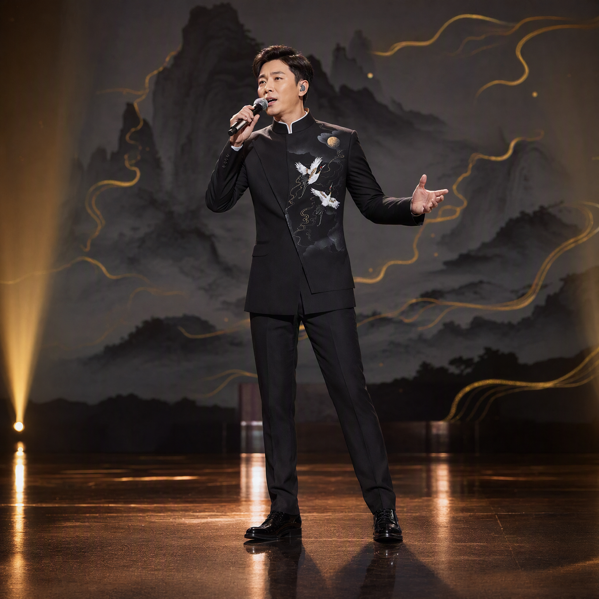 Black Mandarin Collar Suit Jacket with Hand-Embroidered Crane and Moon Motif