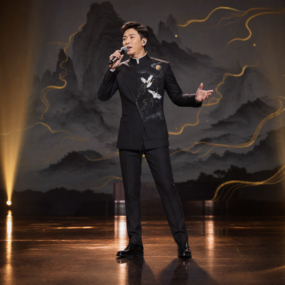 Black Mandarin Collar Suit Jacket with Hand-Embroidered Crane and Moon Motif