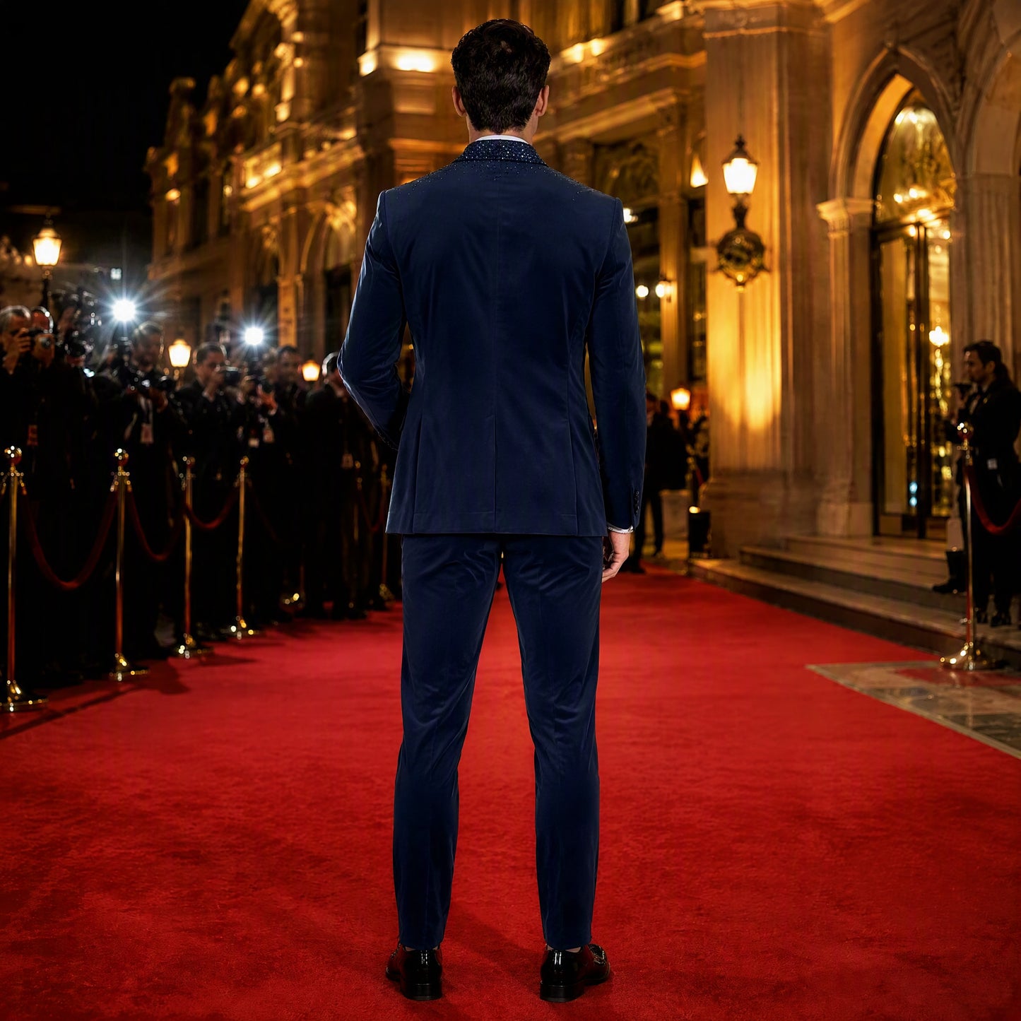 Deep Navy Blue Shawl Lapel Tuxedo Blazer with Shimmering Crystal and Beadwork Gradient
