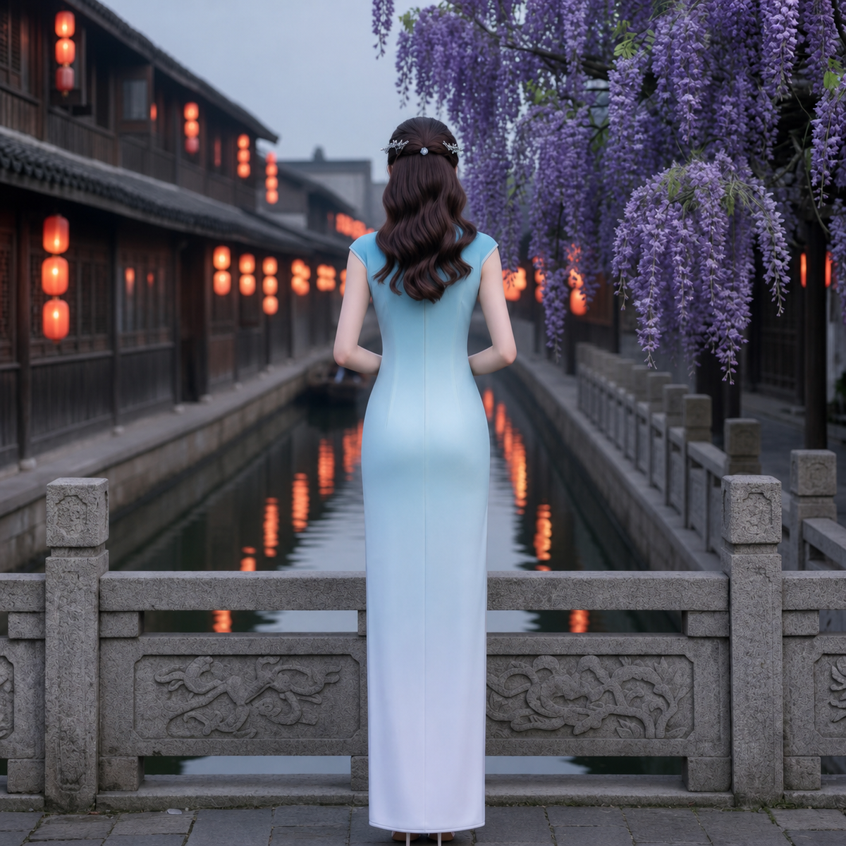 Landscape Print Ombre Mandarin Cheongsam