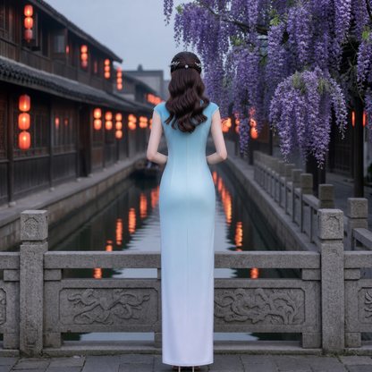 Landscape Print Ombre Mandarin Cheongsam