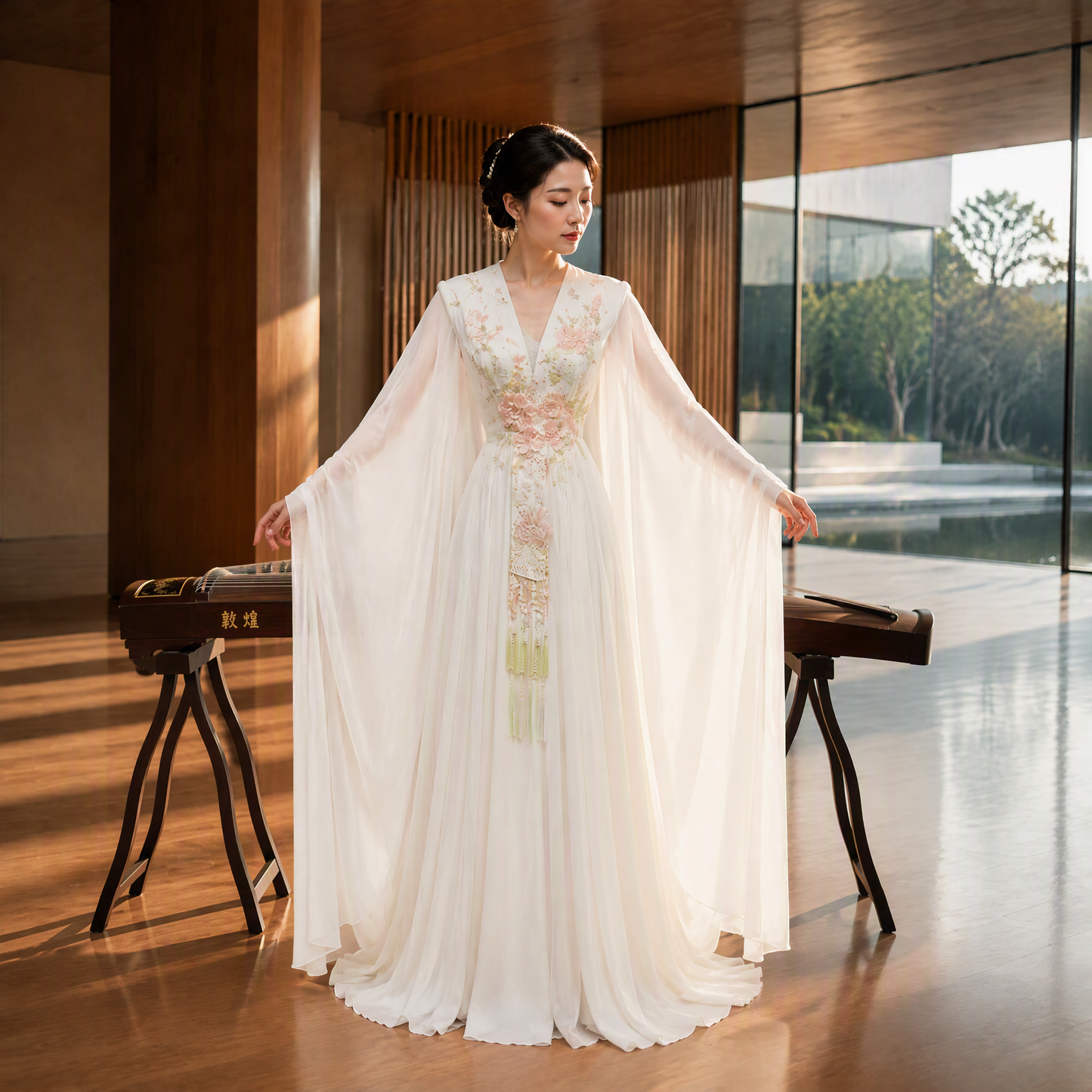 White V-Neck Floral Embroidered Long Evening Gown with Flowing Cape Sleeves