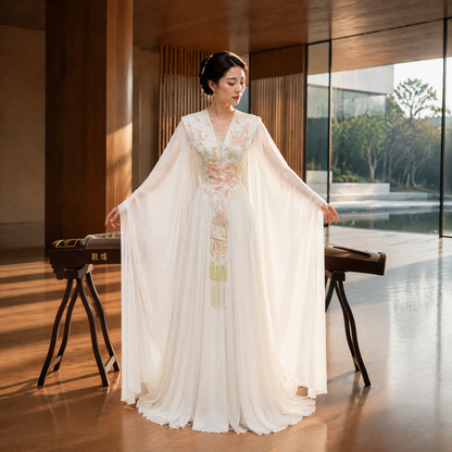 White V-Neck Floral Embroidered Long Evening Gown with Flowing Cape Sleeves