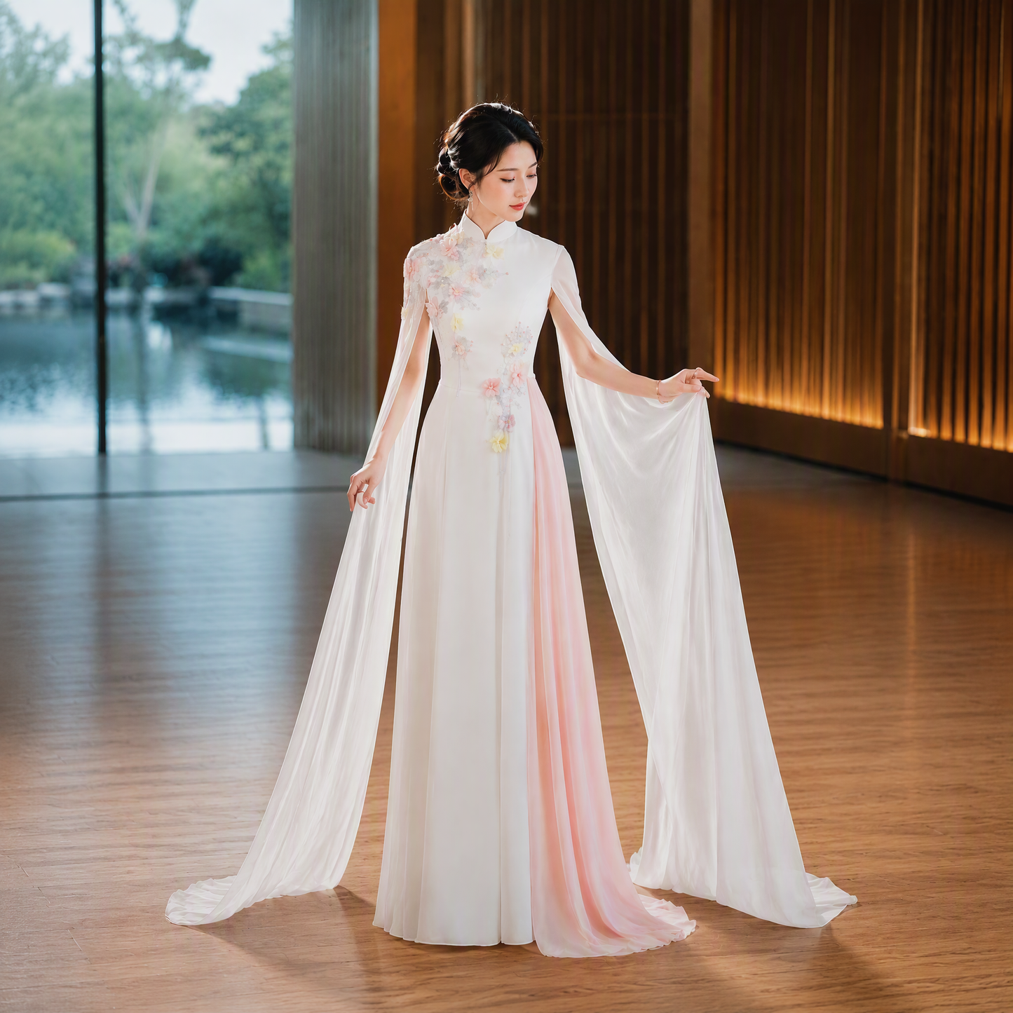 Elegant White Mandarin Collar Floral Appliqué Evening Gown with Flowing Cape