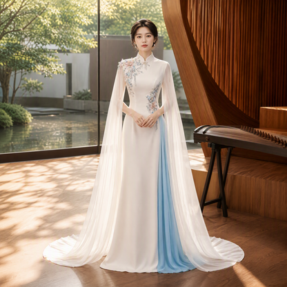 White and Blue Mandarin Collar Floral Embroidered Long Stagewear with Cape