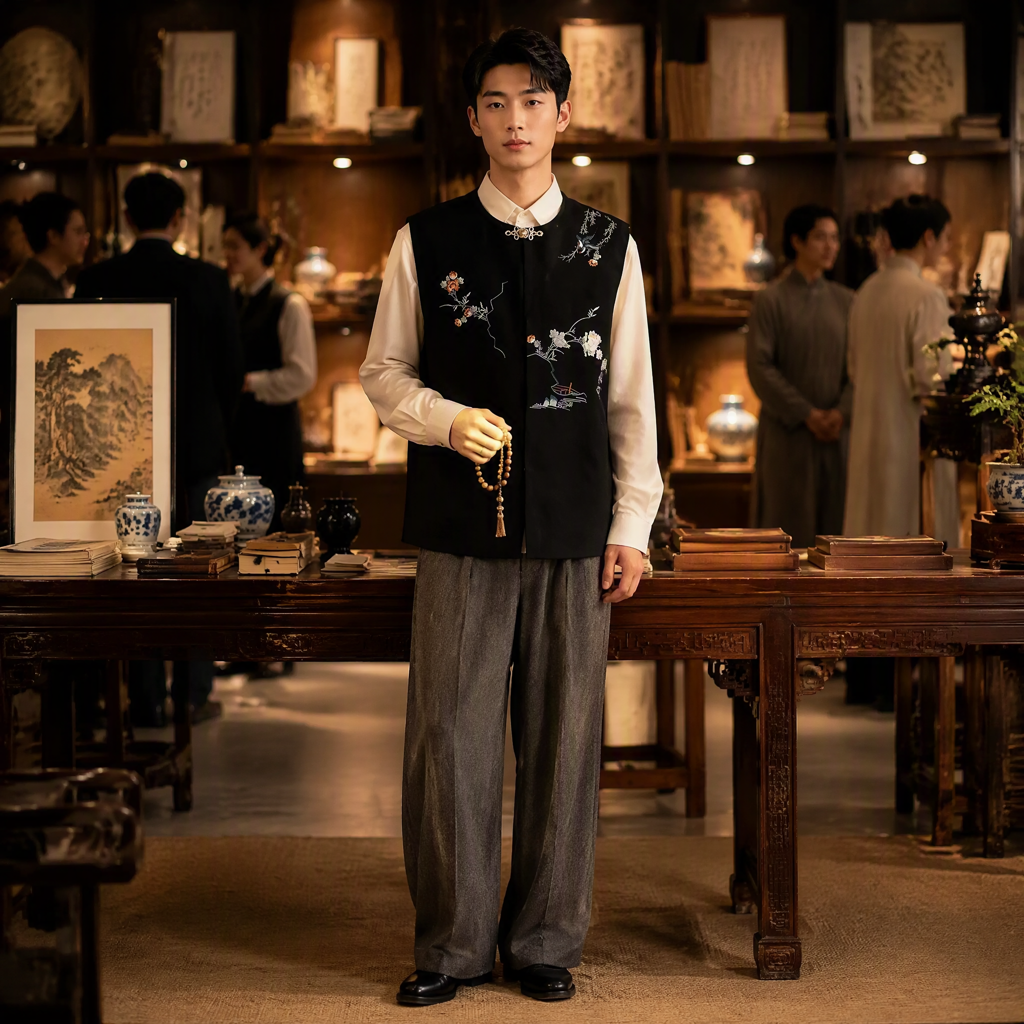 Neo-Chinese Heavy Embroidery Vest with Oriental Landscape Motifs