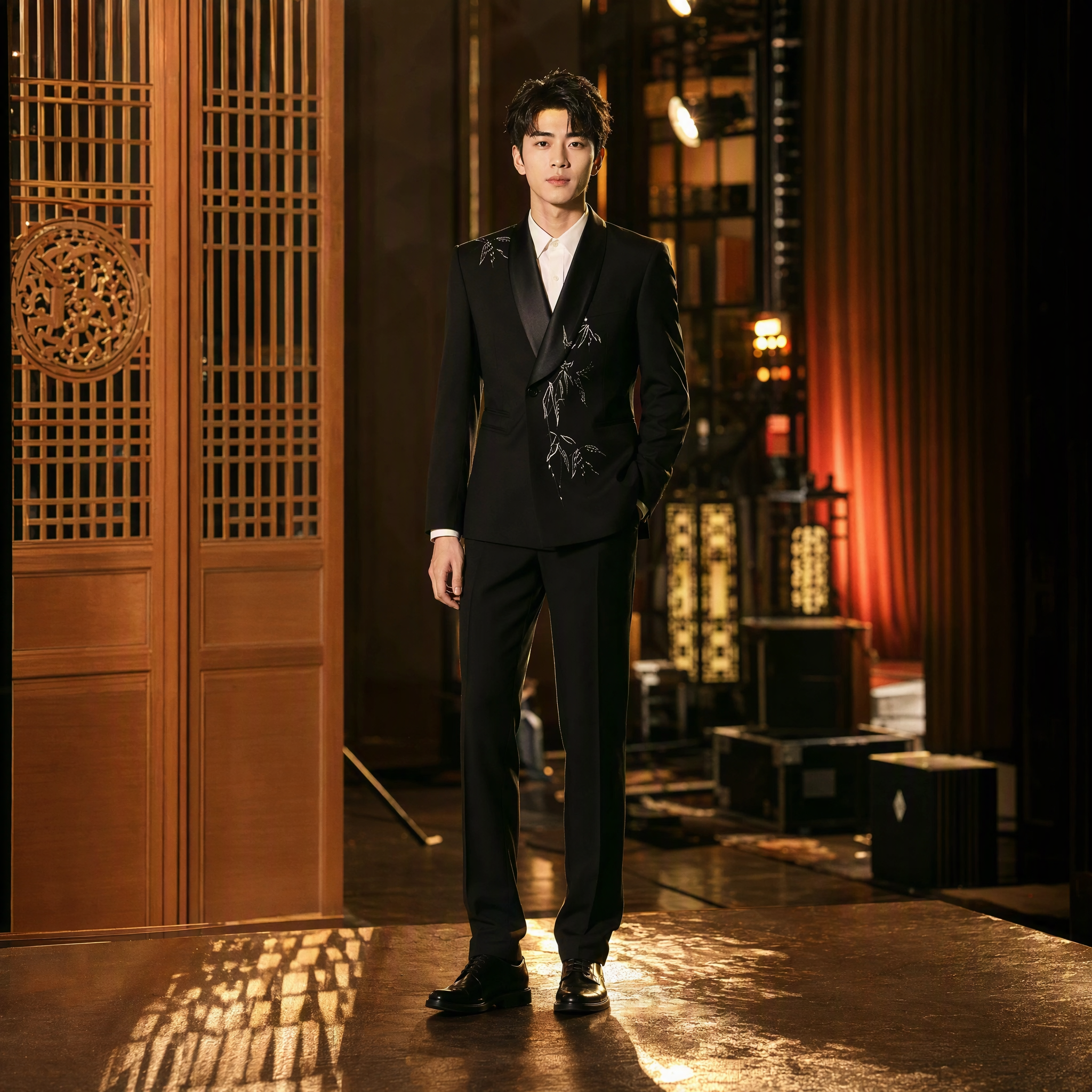 Black Tuxedo Suit with Delicate White Bamboo Embroidery and Satin Shawl Lapel