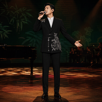 Traditional Chinese Style Black Suit with Silver Bamboo Embroidery