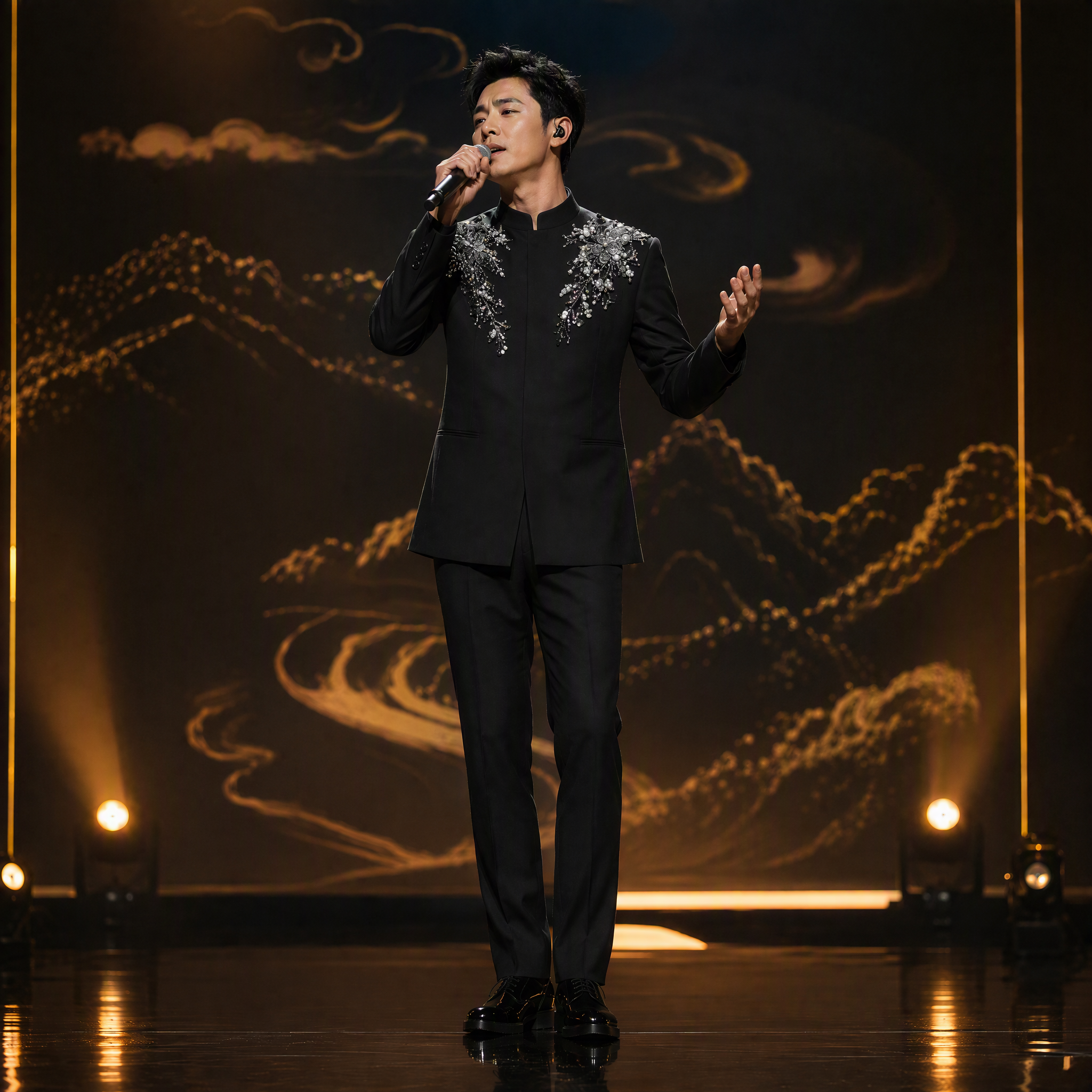 Neo-Chinese Black Suit Jacket with Crystal Floral Shoulder Embellishment