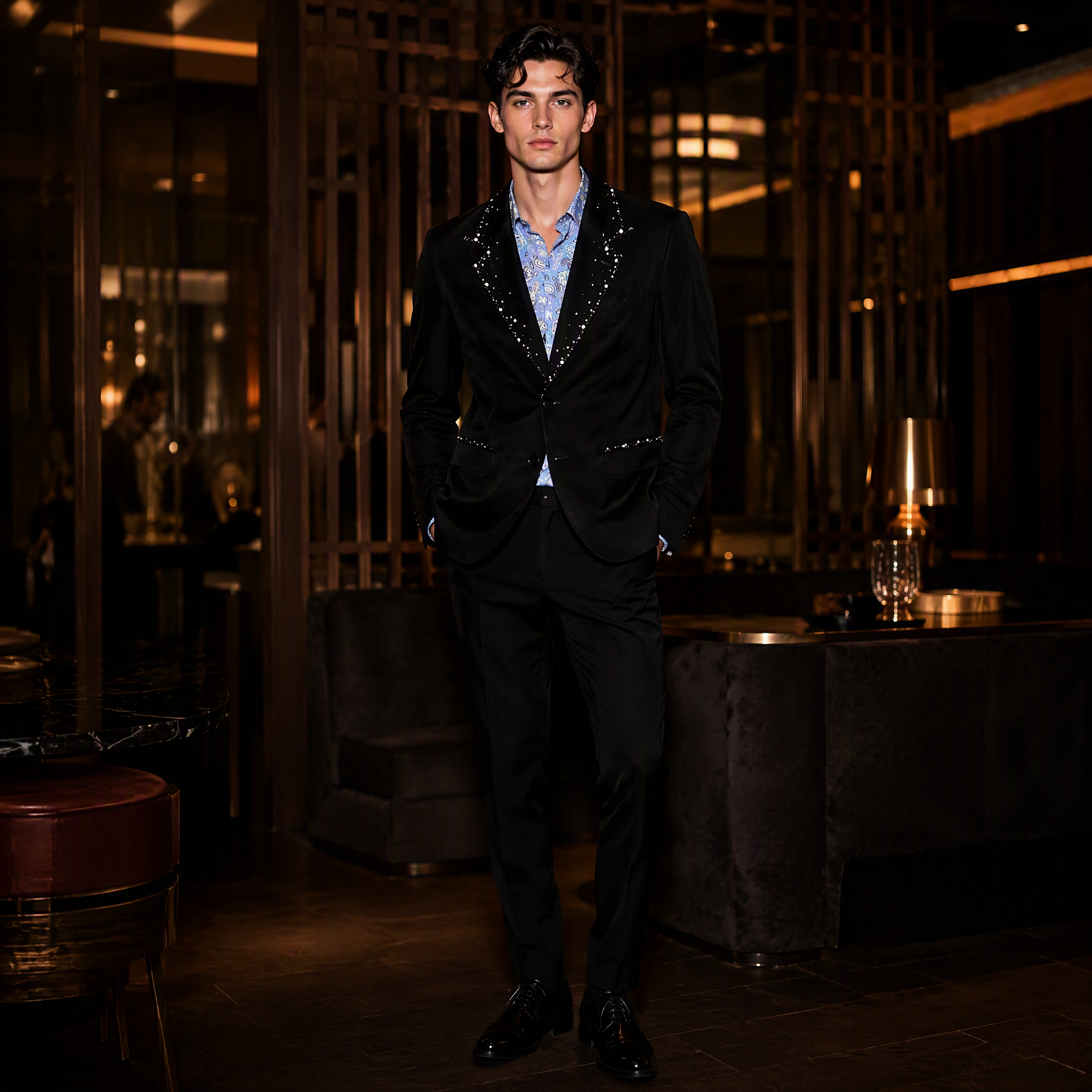 Black Notch Lapel Blazer with Radiant Crystal Beadwork and Paisley Lining