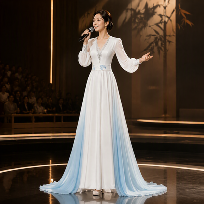 White and Blue Ombré V-Neck Long Sleeve Evening Gown with Beaded Bodice