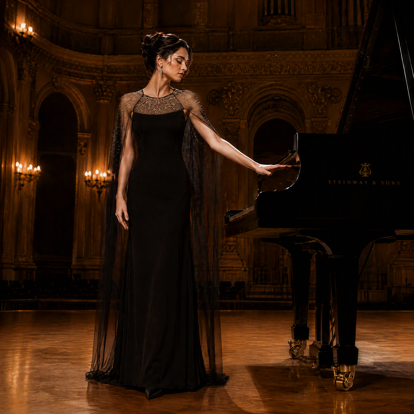 Black Scoop Neck Long Evening Gown with Beaded Sheer Cape