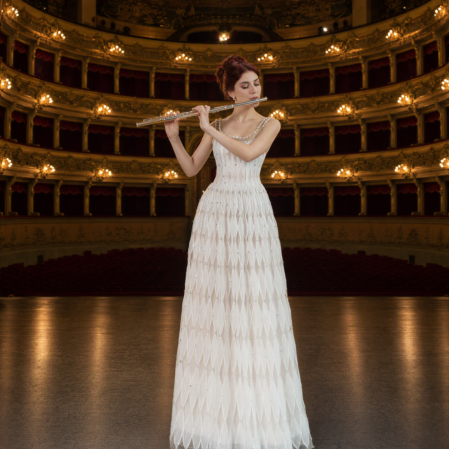 Ethereal White Diamond-Pattern Sheer Long Evening Gown with Beaded Straps