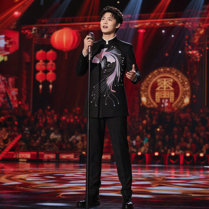 Black Mandarin Collar Suit Jacket with Vibrant Koi Fish Embroidery and Crystal Embellishments