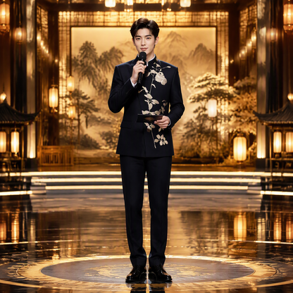 Black Mandarin Collar Suit Jacket with Grand Golden Rose Floral Overlay