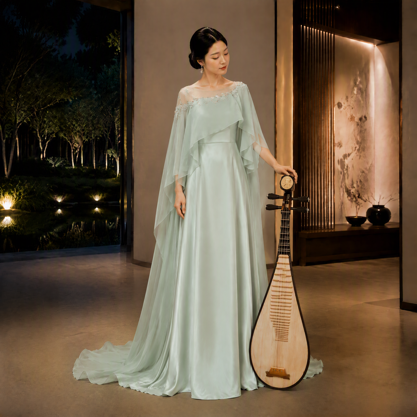 Sage Green Asymmetric Sheer Cape Long Evening Gown with Beaded Lace